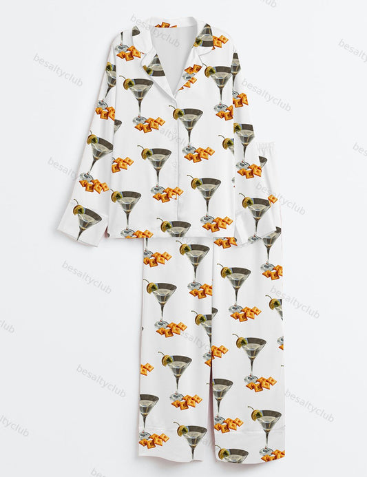 Martini And Cheese Crackers Cute Quirky Whimsical Cocktail Art Print Long Sleeve Satin Pajama Set