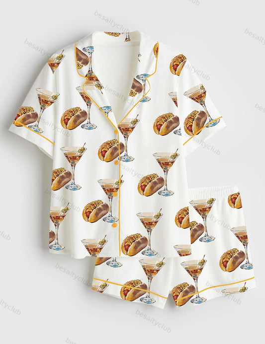 Hot Dog And Dirty Martini Short Sleeve Satin Pajama Set