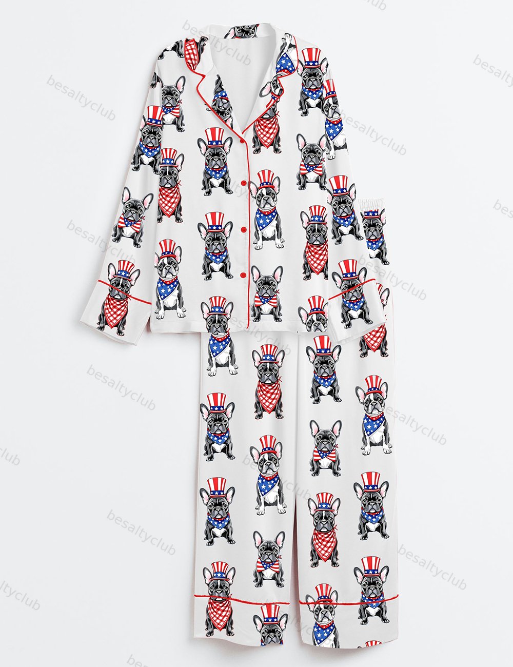 Patriotic French Bulldog 4th Of July Dog Long Sleeve Satin Pajama Set