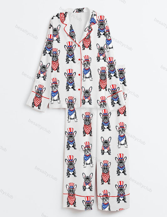 Patriotic French Bulldog 4th Of July Dog Long Sleeve Satin Pajama Set