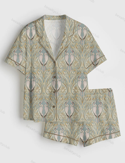 Art Nouveau Cranes With Vintage Texture Print Short Sleeve Satin Pajama Set