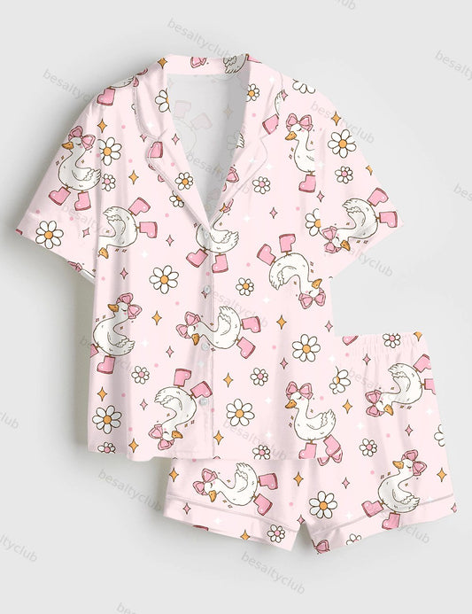 Silly Goose Repeating Goose Pattern Cute Pink Duck Print Short Sleeve Satin Pajama Set