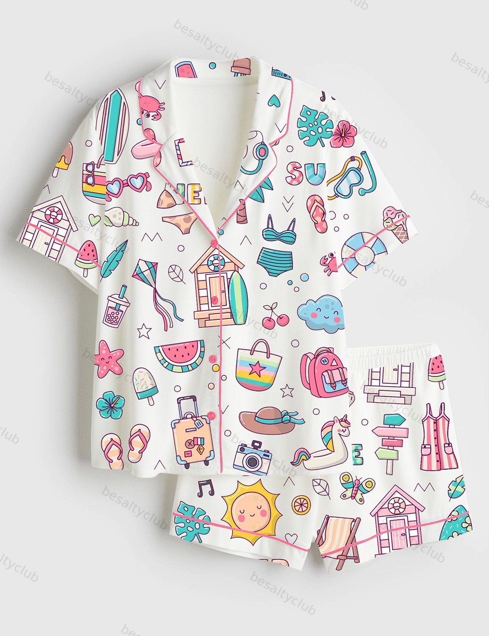 Summer Love Travel Holidays Art Tropical Flamingo Draw Surf Beach Sunny Van Short Sleeve Satin Pajama Set