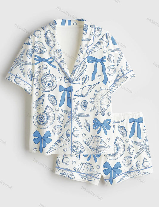 Coquette Seashell Beach Retro Coastal Girls Trip Summer Vibes Print Short Sleeve Satin Pajama Set