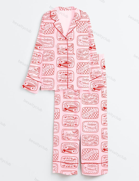 Sardine Art Print Long Sleeve Satin Pajama Set