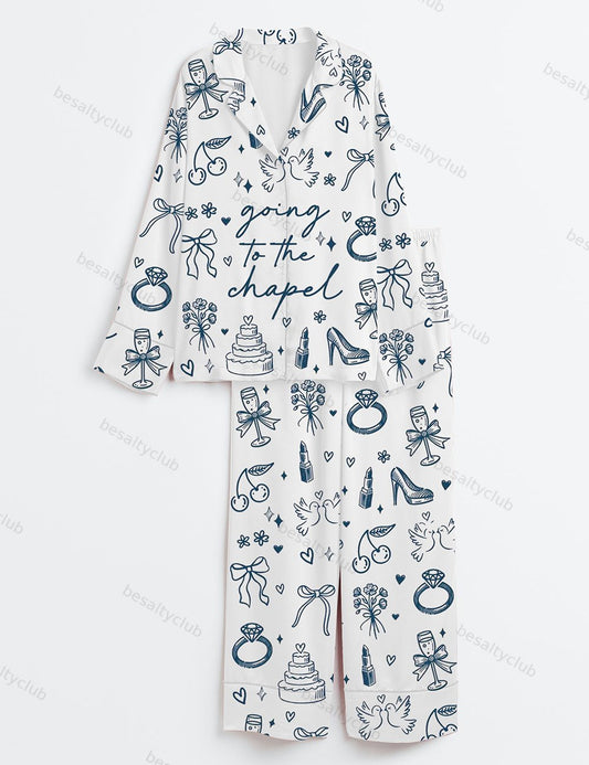 Going To The Chapel Coquette Bachelorette Wedding Bride Long Sleeve Satin Pajama Set