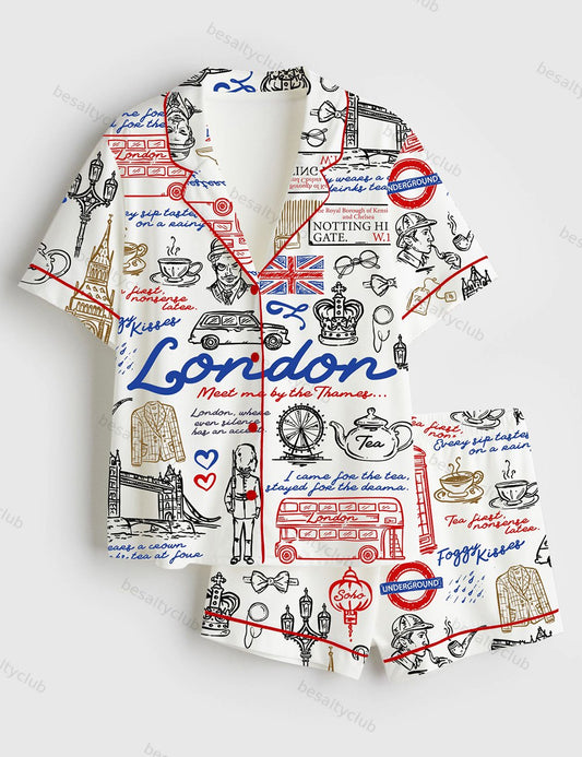 London England United Kingdom Travel Short Sleeve Satin Pajama Set