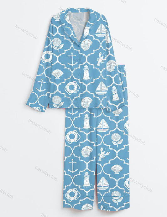 Summer Coastal Art Long Sleeve Satin Pajama Set