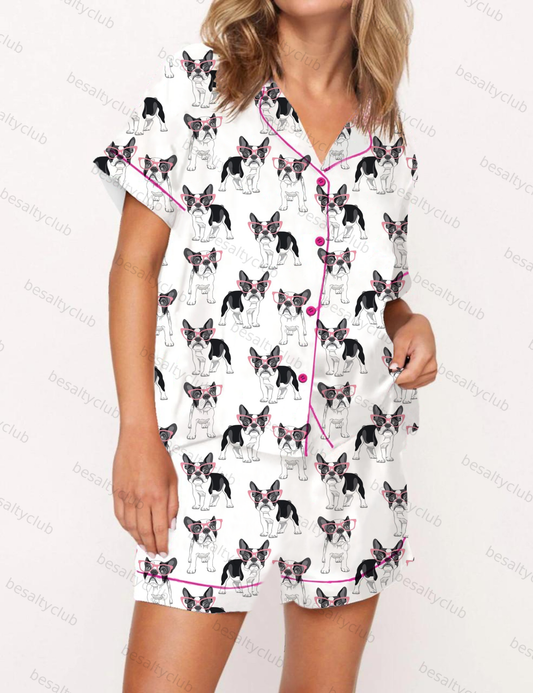French Bulldog with Glasses Satin Pajama Short Set