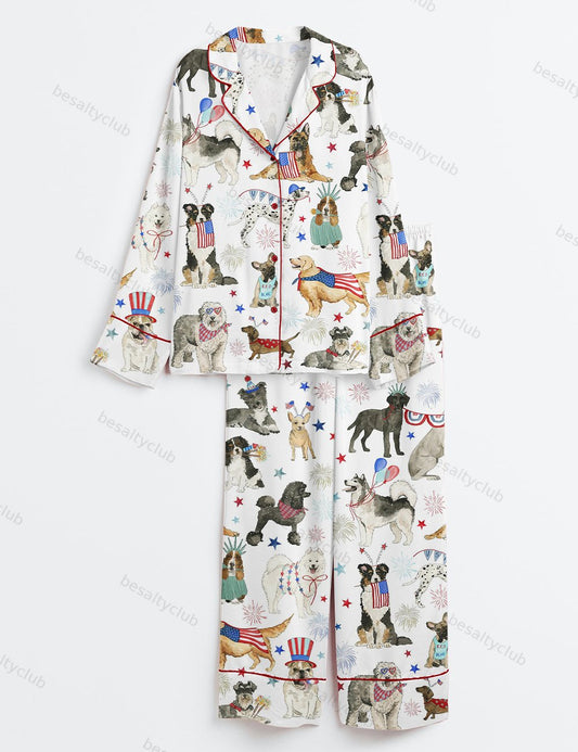 The 4th Of July Independence Day American Dogs USA Flag Long Sleeve Satin Pajama Set