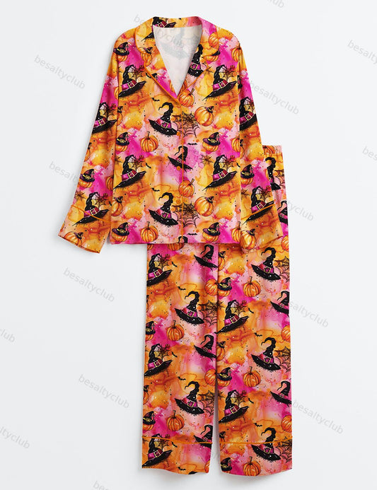Halloween Witchy Pumpkin Long Sleeve Satin Pajama Set