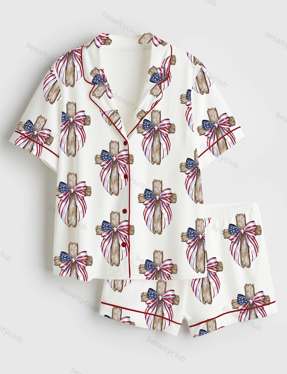 Patriotic Cross Christian 4th Of July Short Sleeve Satin Pajama Set