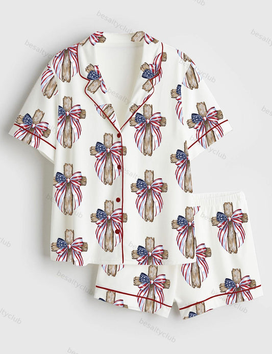 Patriotic Cross Christian 4th Of July Short Sleeve Satin Pajama Set