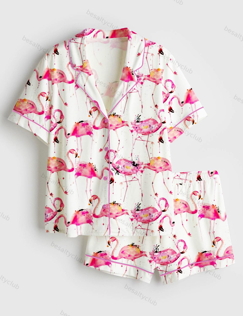 Flamingos Making A Splash Pink lamingo Print Short Sleeve Satin Pajama Set