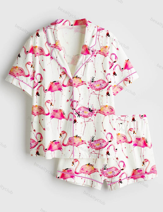 Flamingos Making A Splash Pink lamingo Print Short Sleeve Satin Pajama Set