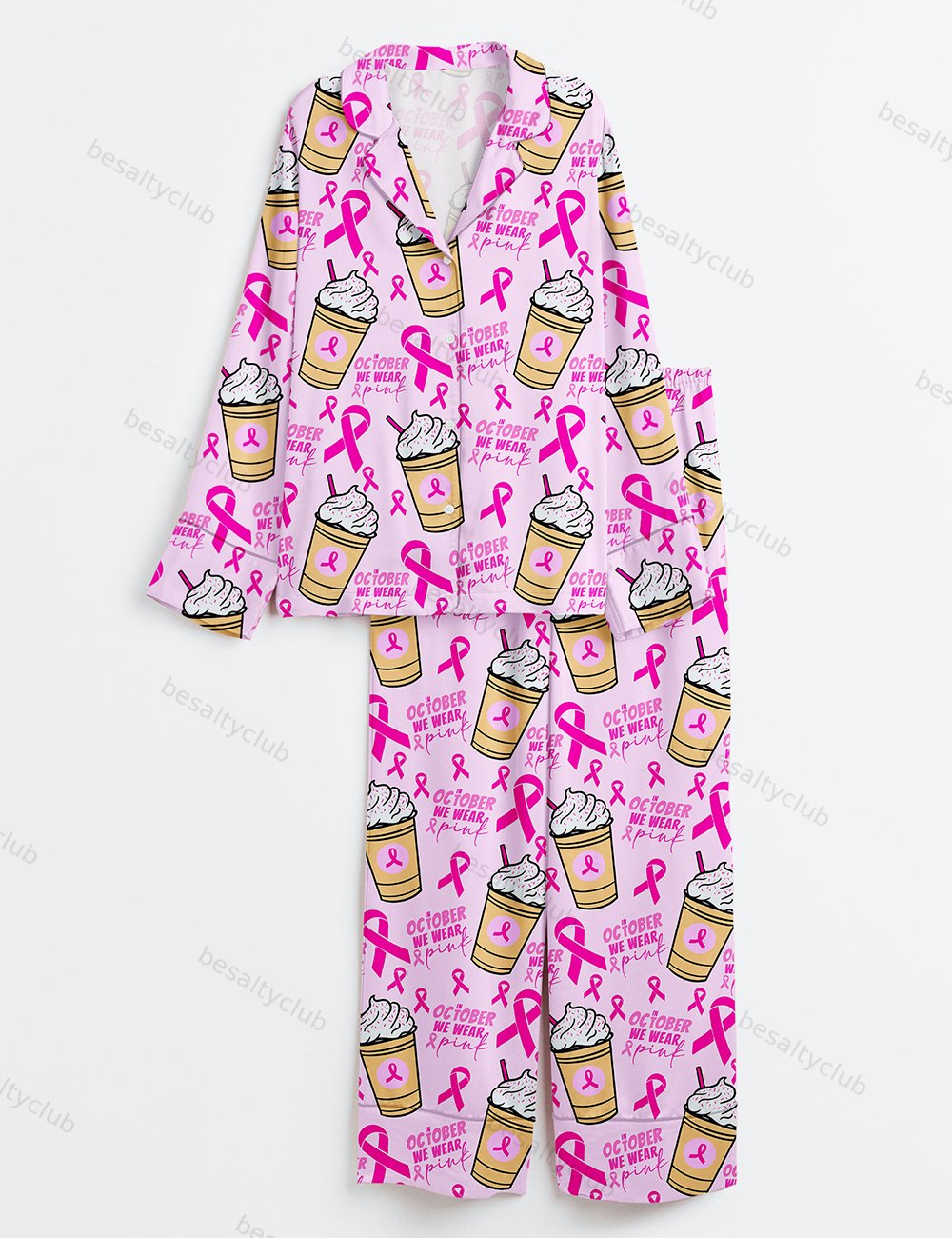 Breast Cancer Coffee October We wear Pink Breast Cancer Awareness Pink Ribbon Print Long Sleeve Satin Pajama Set