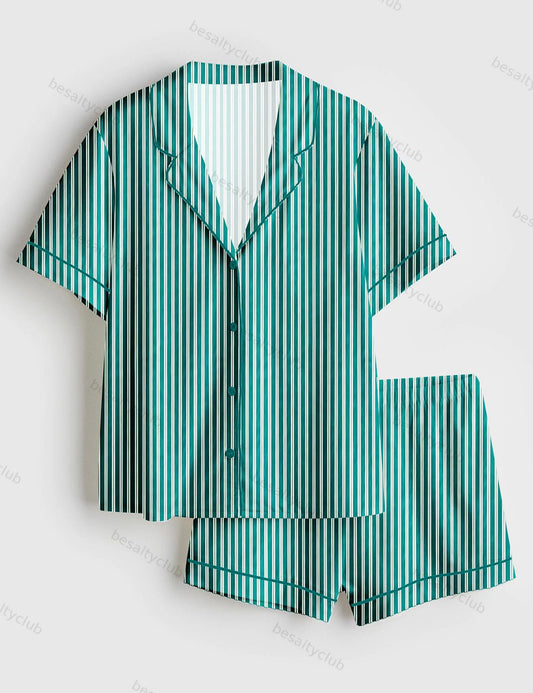 Stripe Print Short Sleeve Satin Pajama Set