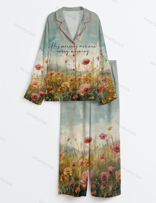 Christian His Mercies Are New Every Morning Lamentations Faith Print Long Sleeve Satin Pajama Set