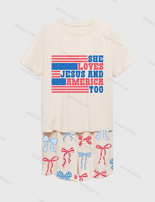 She Loves Jesus And America Too Patriotic American Bows 4th Of July Short Sleeve Pajama Set