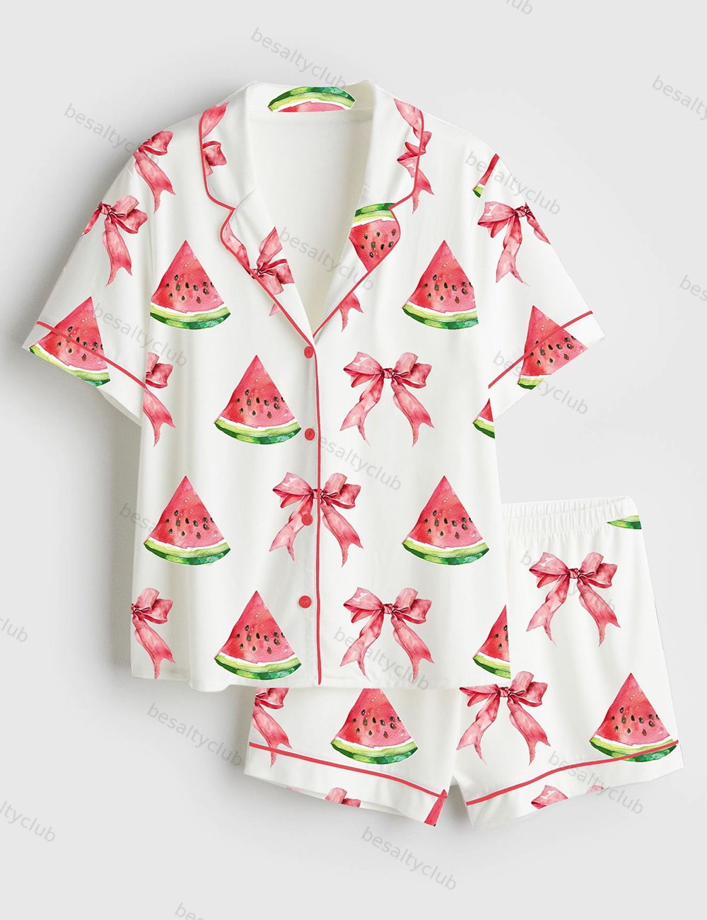 Coquette Watermelon Trendy Summer Beach Babe Short Sleeve Satin Pajama Set