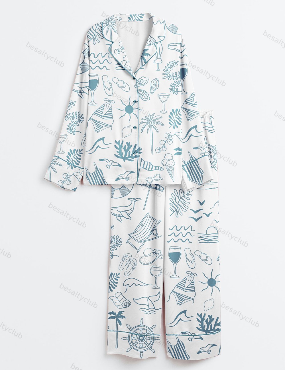 Hand Drawn Summer Beach Ocean Coastal Summer Nautical Print Long Sleeve Satin Pajama Set