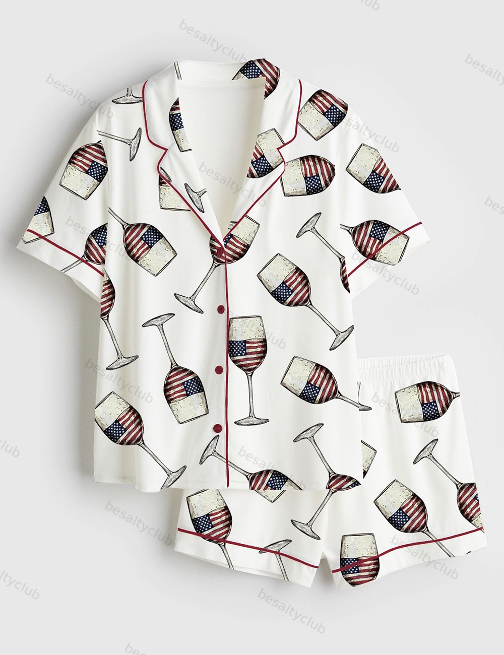 American Flag 4th Of July USA Wine Print Short Sleeve Satin Pajama Set