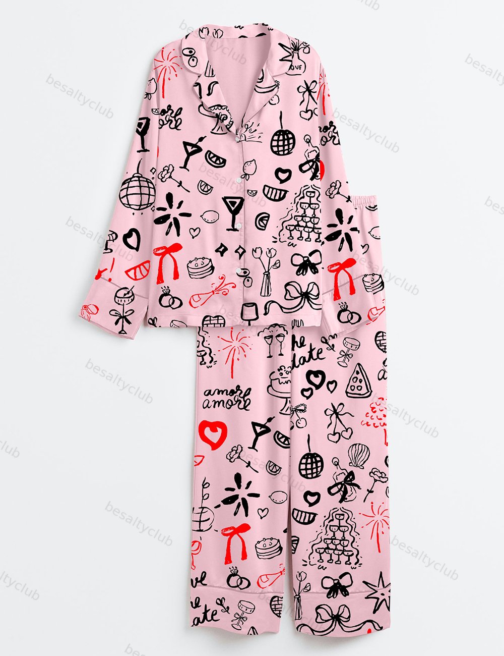 Bachelorette Hand Drawn Wedding Icons Great Bridal Long Sleeve Satin Pajama Set