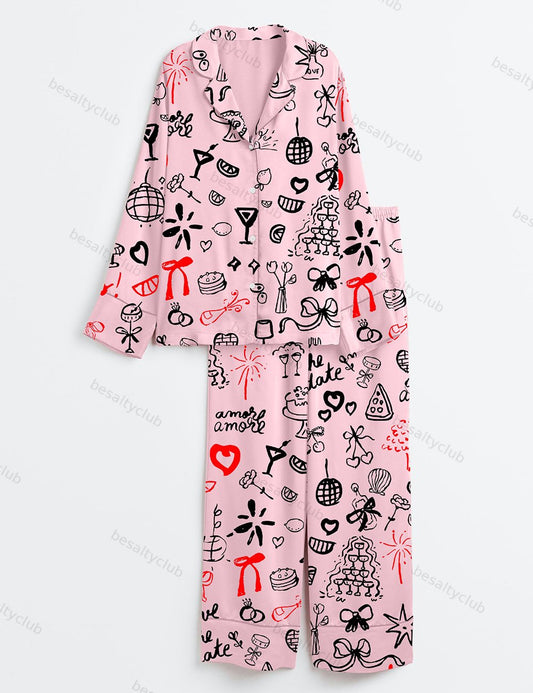 Bachelorette Hand Drawn Wedding Icons Great Bridal Long Sleeve Satin Pajama Set