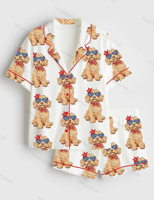 Goldendoodle Patriotic 4th Of July Dog Short Sleeve Satin Pajama Set