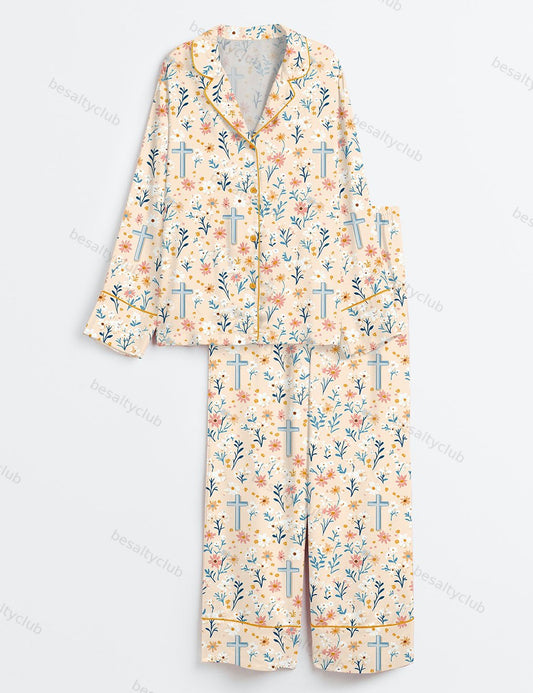 Cute Christian Cross Background Pattern Long Sleeve Satin Pajama Set