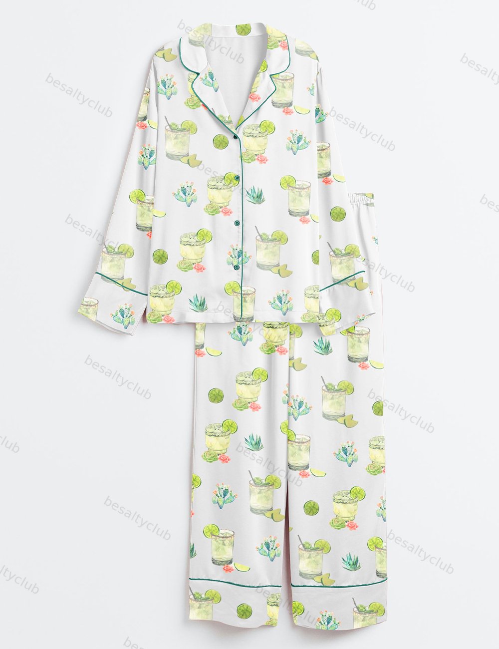 Cocktail Cactus Western Wine Lemon Long Sleeve Satin Pajama Set