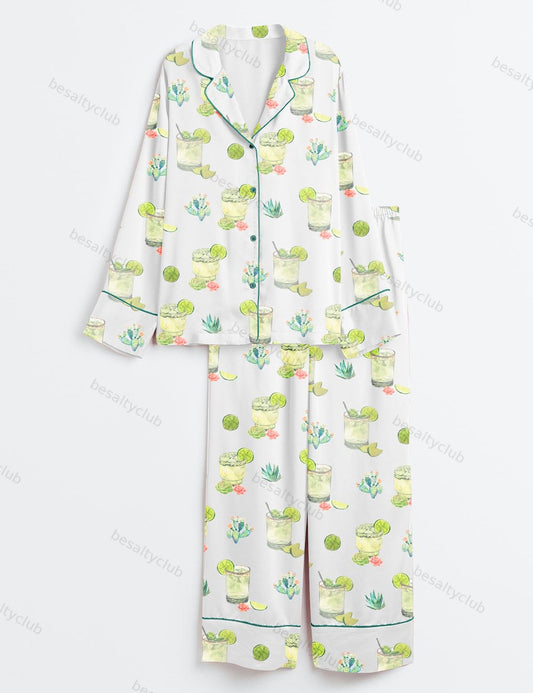Cocktail Cactus Western Wine Lemon Long Sleeve Satin Pajama Set