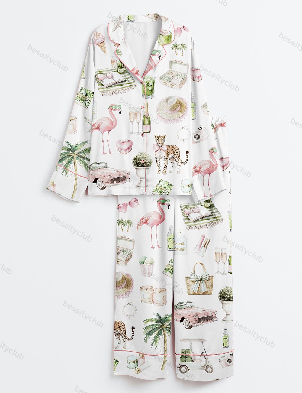 Watercolor Palm Club Summer Miami Beach Vacation Print Long Sleeve Satin Pajama Set