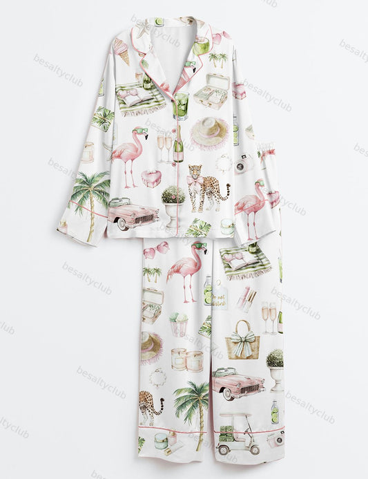 Watercolor Palm Club Summer Miami Beach Vacation Print Long Sleeve Satin Pajama Set