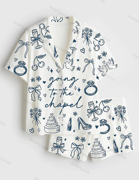 Going To The Chapel Coquette Bachelorette Wedding Bride Short Sleeve Satin Pajama Set