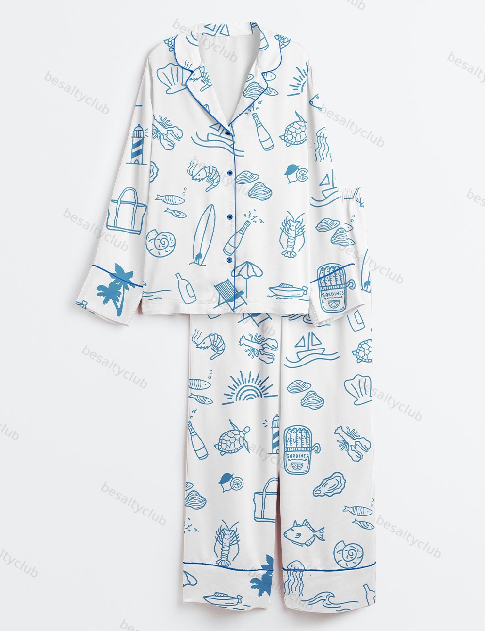 Coastal Summer Beach Long Sleeve Satin Pajama Set