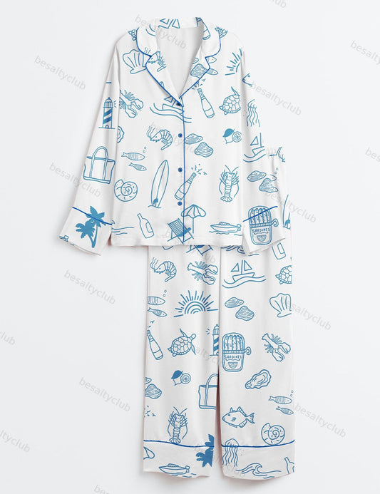 Coastal Summer Beach Long Sleeve Satin Pajama Set