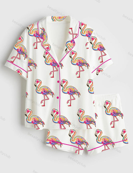 Summer Flamingo Preppy Summer Vibes Neon Beach Coastal Girly Summer Print Short Sleeve Satin Pajama Set