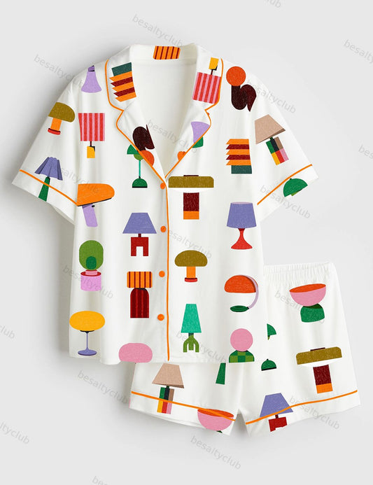 In Love With Retro Lamps Short Sleeve Satin Pajama Set