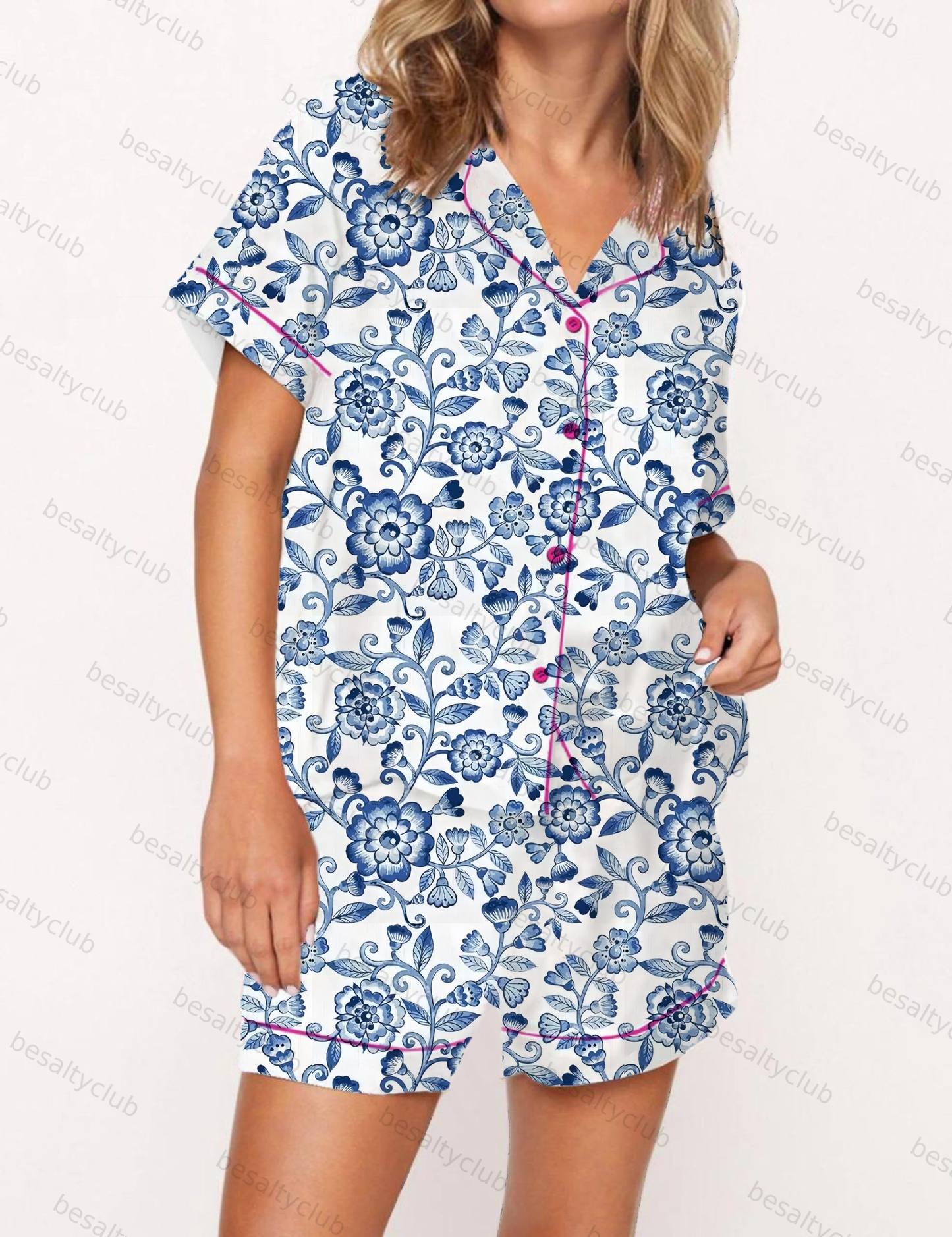 Blue Flower Print Satin Pajama Short Set
