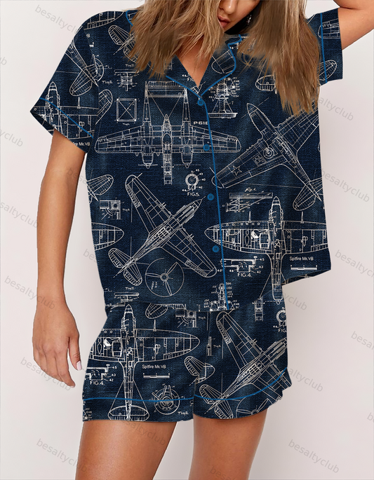 Plane Blueprint Satin Pajama Set