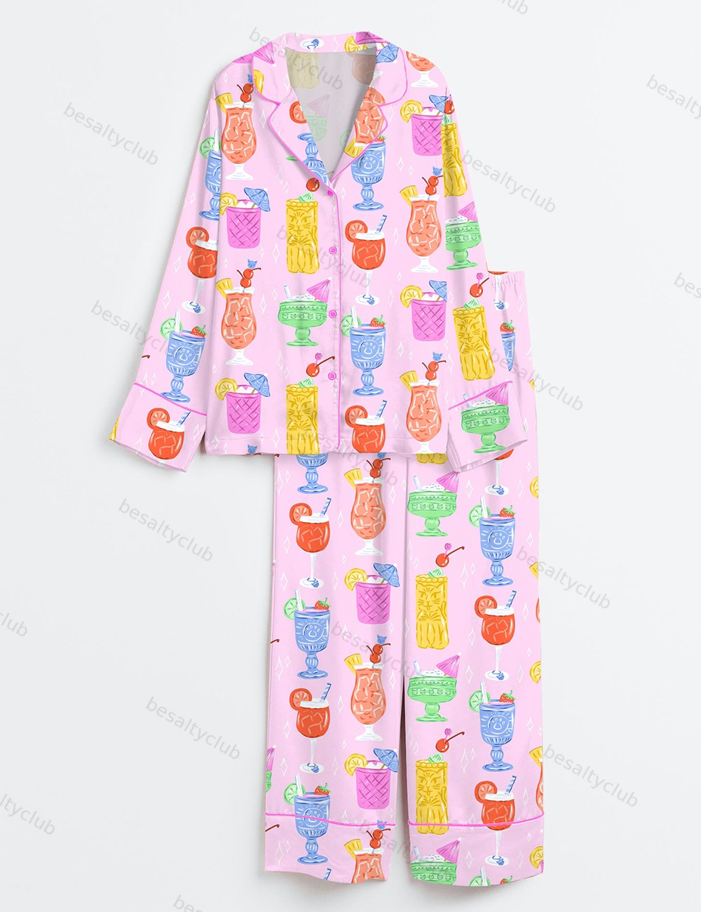 Cats Cocktails Summer Drinking Long Sleeve Satin Pajama Set