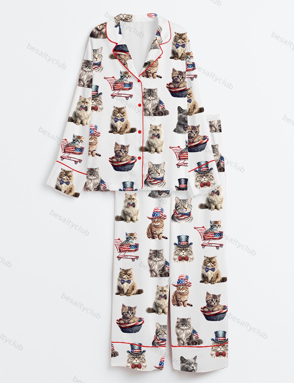 Independence Day Cat 4th Of July Long Sleeve Satin Pajama Set