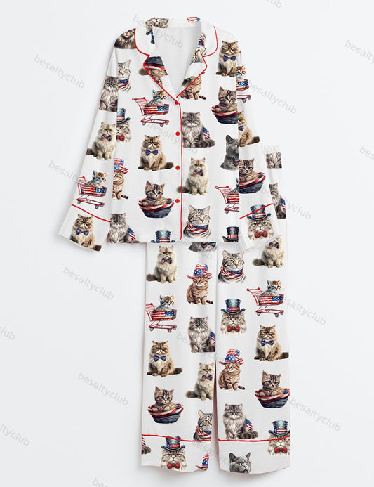 Independence Day Cat 4th Of July Long Sleeve Satin Pajama Set