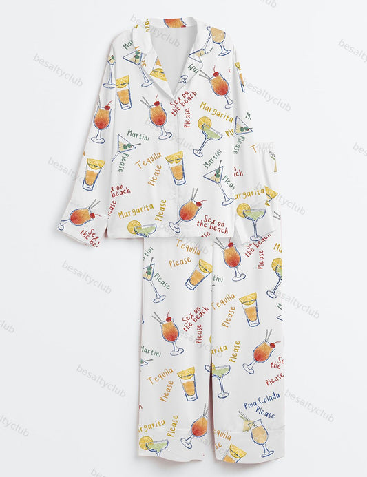 Summer Beach Cocktails Martini Tequila Margarita Please Adult Humor Print Long Sleeve Satin Pajama Set
