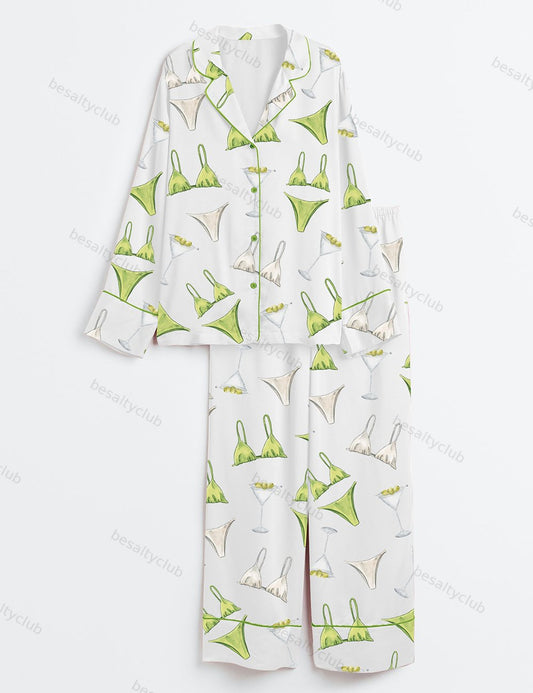 Bikinis And Martinis Bachelorette Dirty Martini Print Long Sleeve Satin Pajama Set