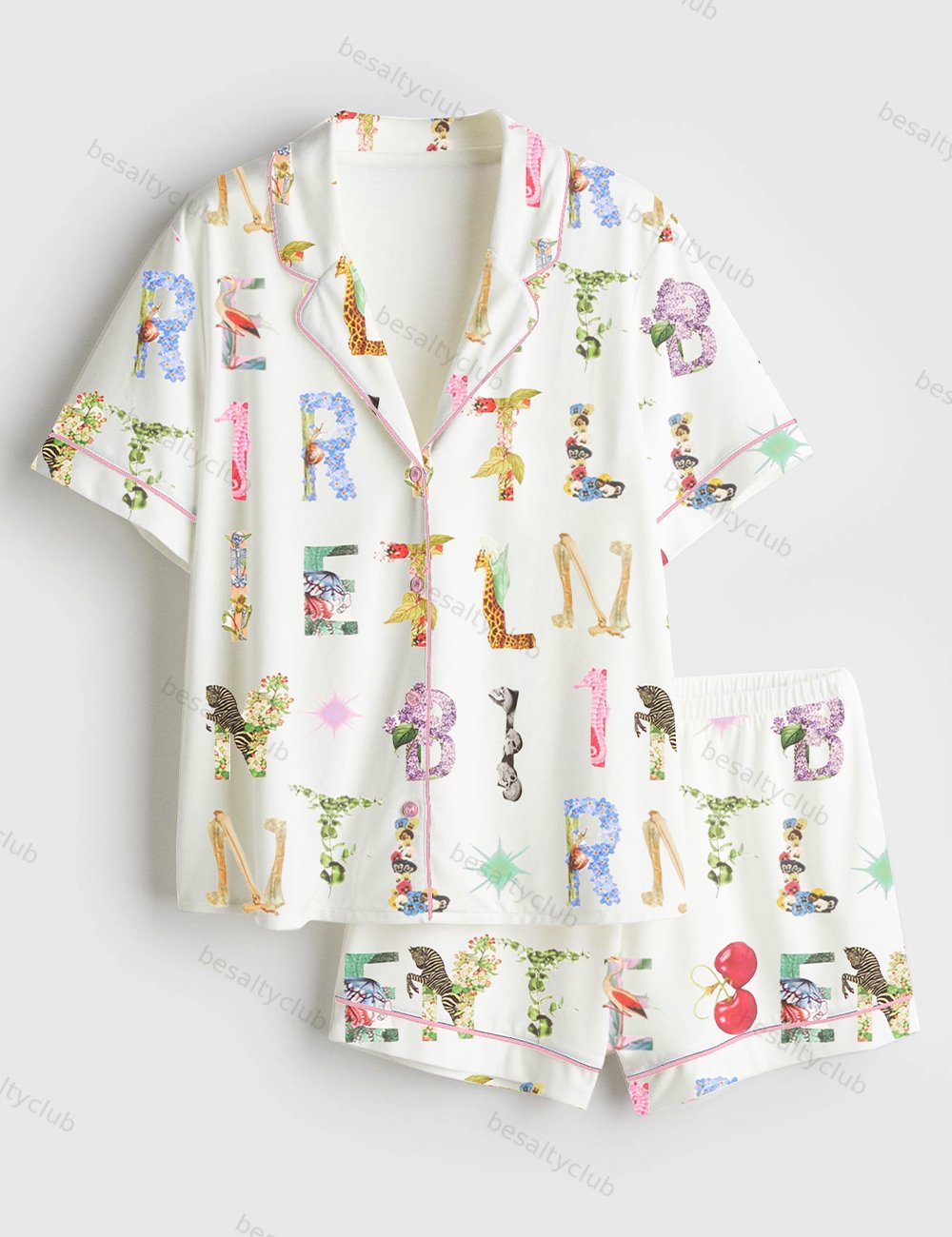New Classic Deco Letters Short Sleeve Satin Pajama Set