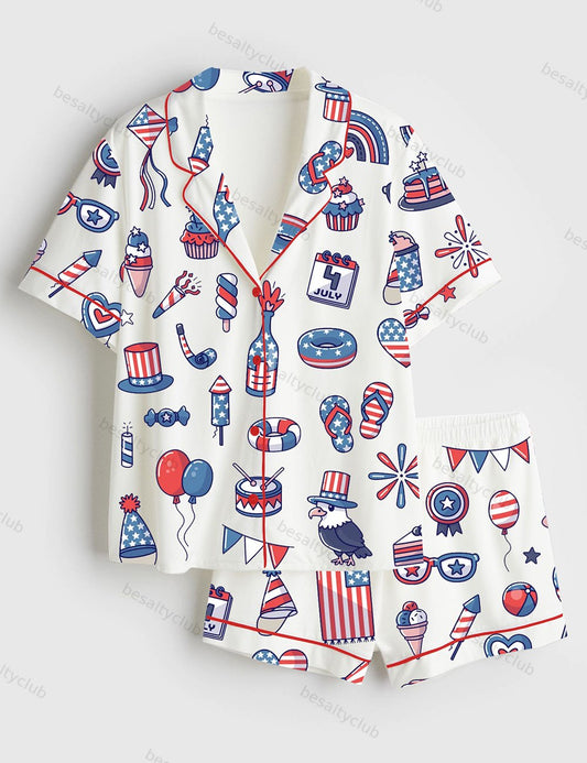 Stars And Stripes 4th Of July Independence Day Patriotic Illustration Short Sleeve Satin Pajama Set