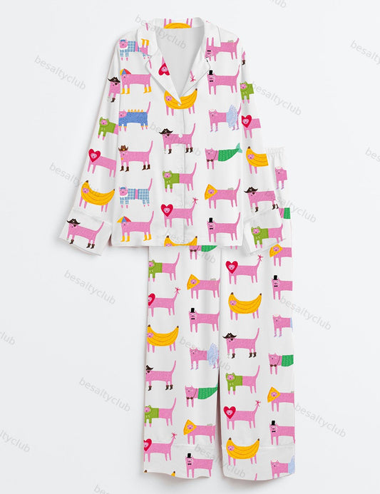 Cat Costume Party Long Sleeve Satin Pajama Set