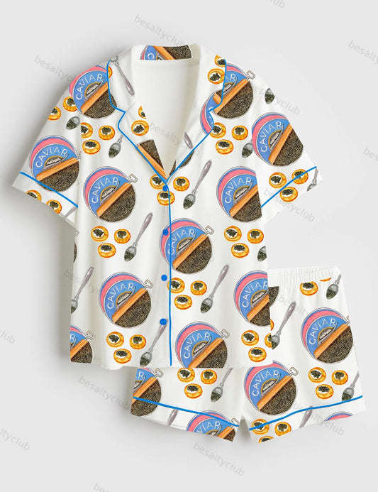 Watercolor Caviar Art Print Short Sleeve Satin Pajama Set